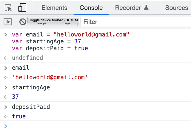 Screenshot of Chrome Dev Tools with variables declared and called