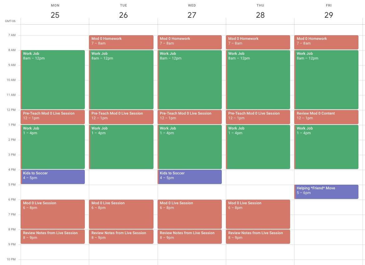 Calendar screenshot for a Mod 0 student